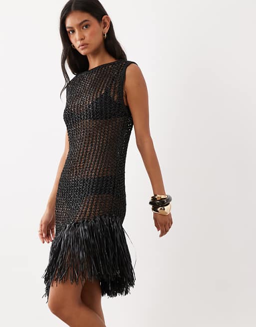ASOS DESIGN tassel hem mini dress in black