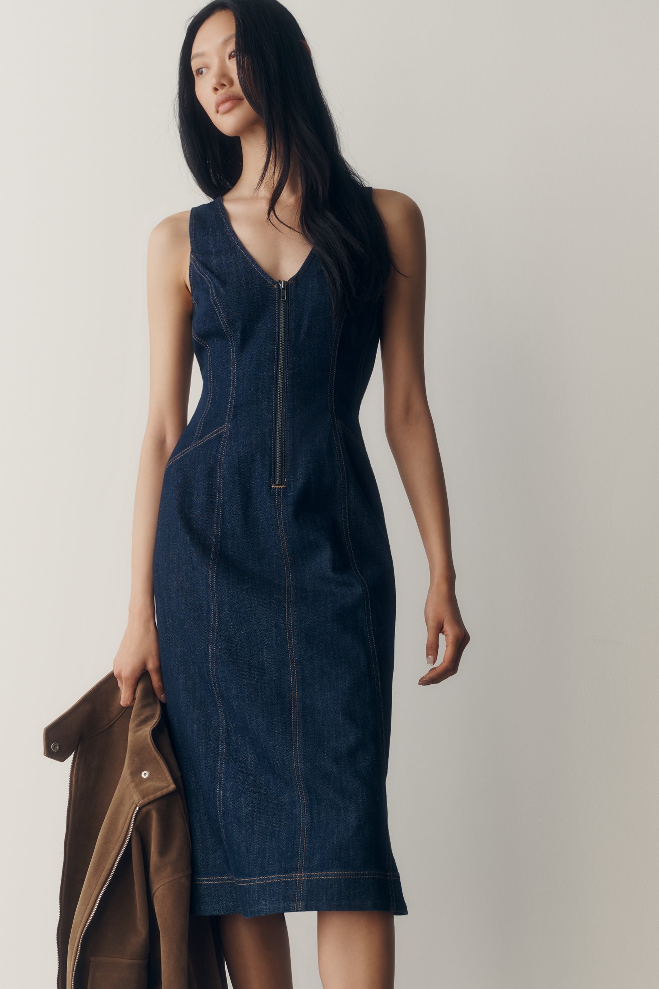 Pilcro Denim Zip-Front Midi Dress
