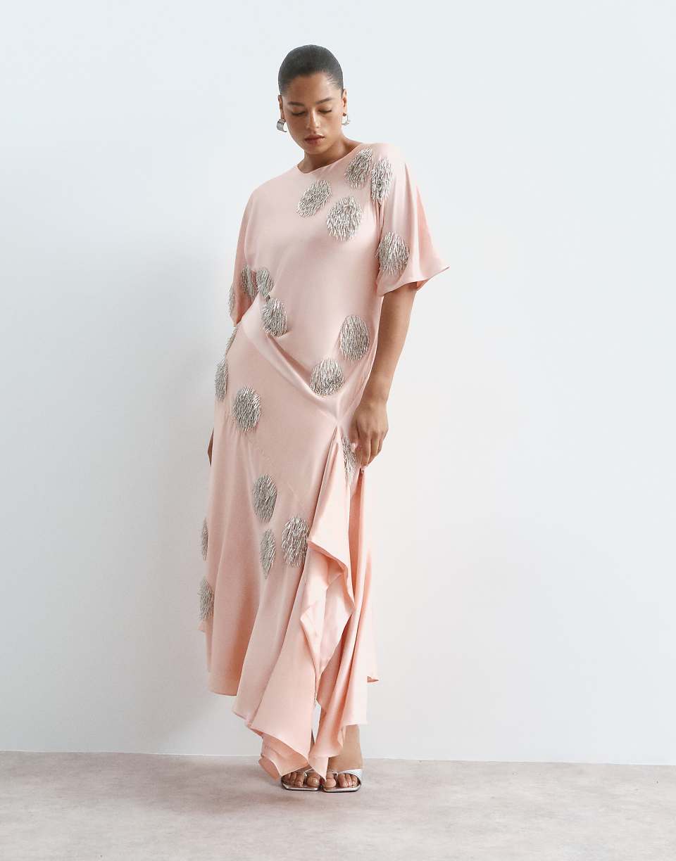 ARRANGE Curve satin maxi dress with embellished dots in peach