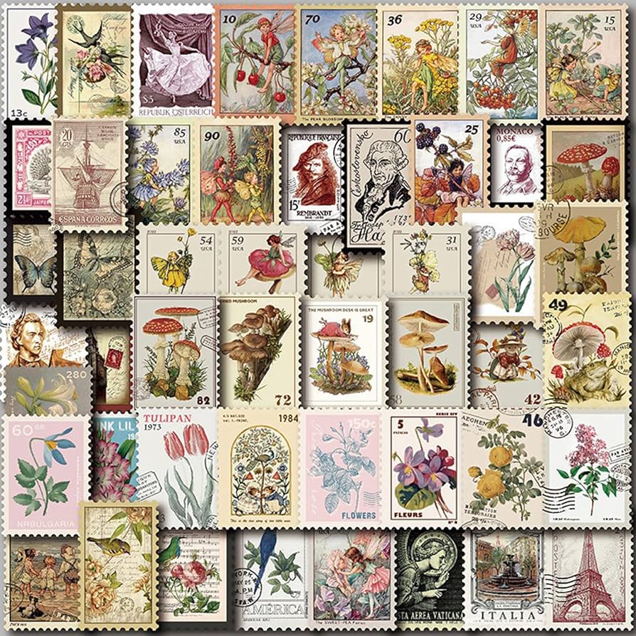 Read Online - Vintage Postage Stamp Stickers for Scrapbook, 100 Pcs Deco Paper Stickers for Bullet Journal,Botanical Fairy Sticker for Junk Journal, DIY Crafts,Collage Album (Stamp-Like) cover photo collage