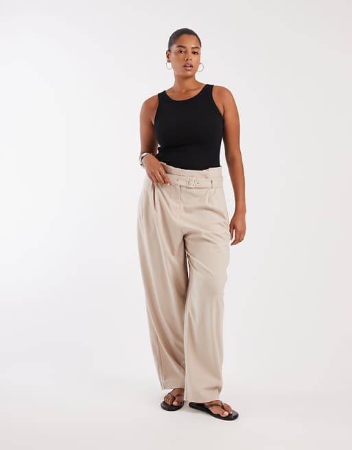 ASOS DESIGN Curve Tailored paper bag waist pirate peg pants in sand