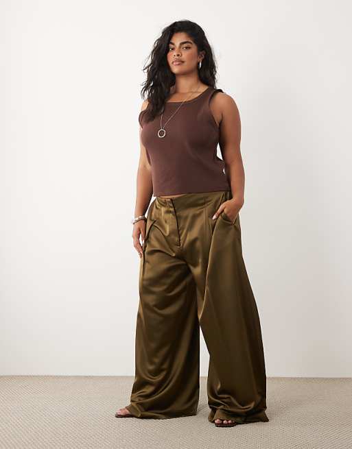 ASOS DESIGN Curve Tailored satin wide leg pants in khaki