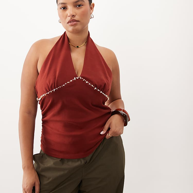 ASOS DESIGN Curve compact cotton ruched halter neck top with bead detail in rust red