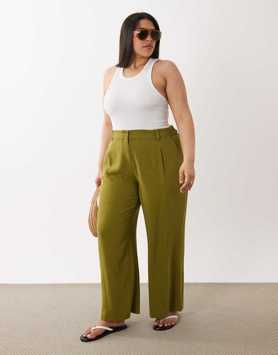 ASOS DESIGN Curve Relaxed Straight Leg Pants with Linen in Green
