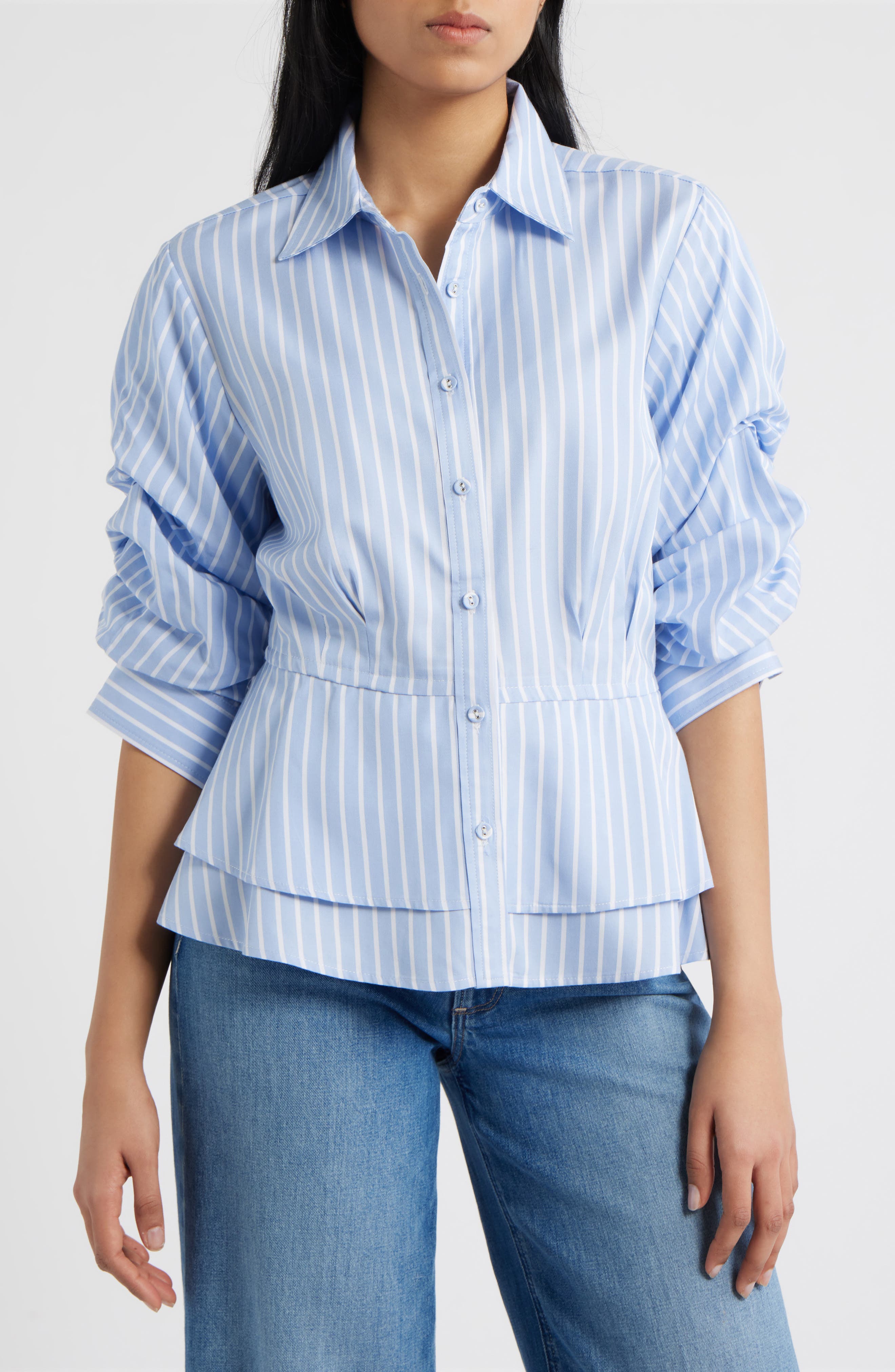 Wit & Wisdom Pinstripe Button-Up Tiered Peplum Shirt