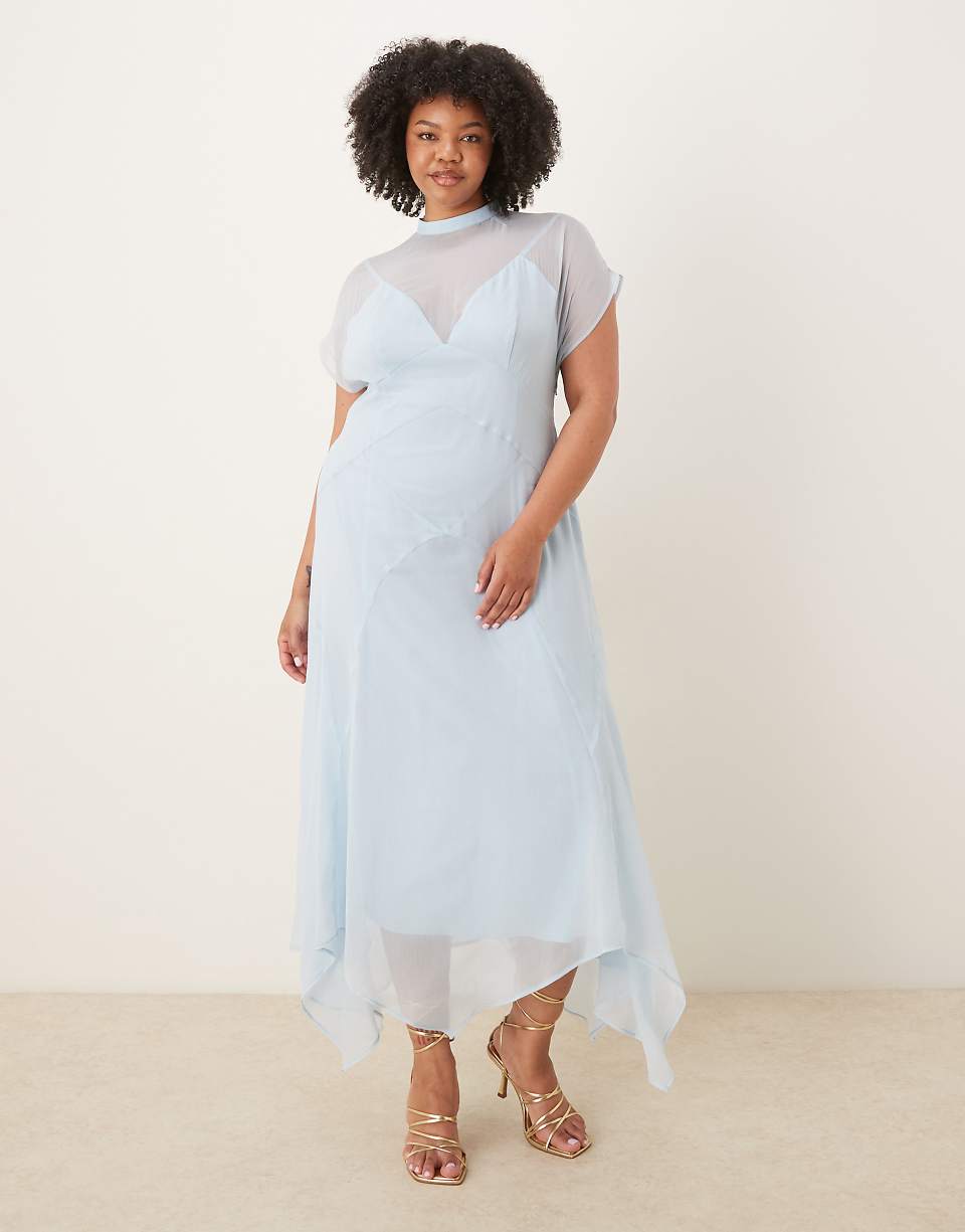 ASOS DESIGN Curve High Neck Hanky Hem Chiffon Maxi Dress in Soft Blue