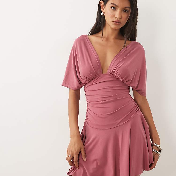 Motel Sunmi Gathered V-Neck Mini Dress in Raspberry Pink