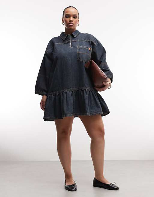 COLLUSION Plus Smock Dress with Puff Sleeves in Dark Wash