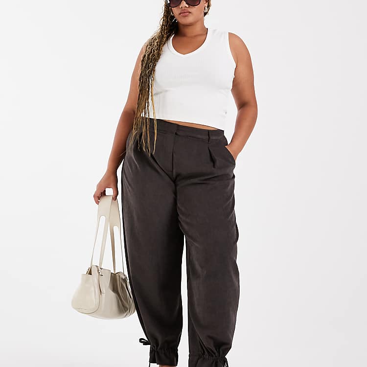 ASOS DESIGN Curve Tailored Balloon Pants with Ruffle Hem in Brown