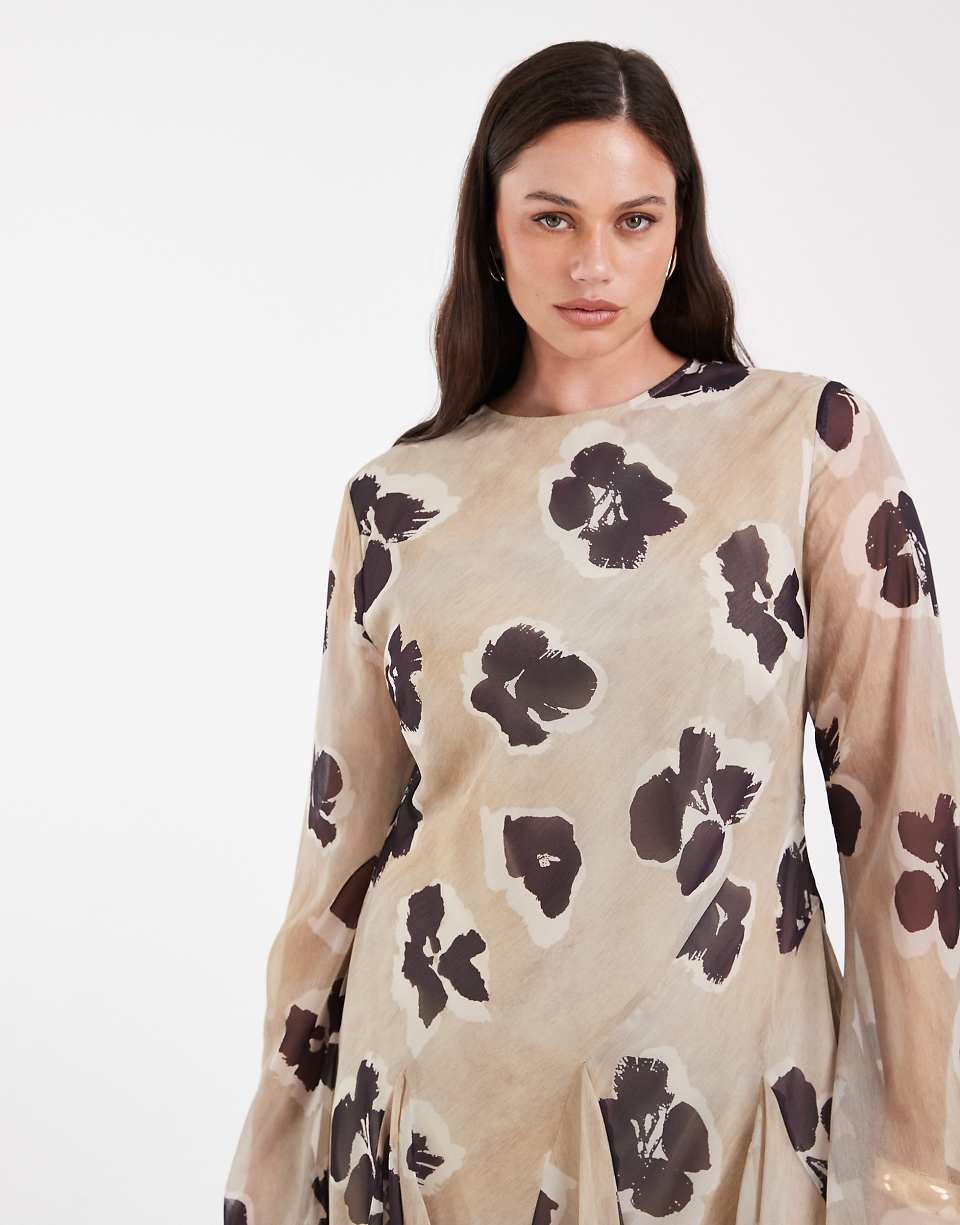 ASOS DESIGN Curve Long Sleeve Mini Dress in Brown Floral