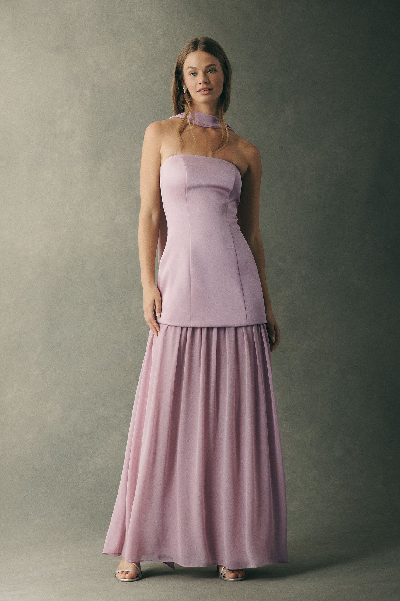 Mare Mare Natalie Strapless Stretch Satin Chiffon Maxi Dress