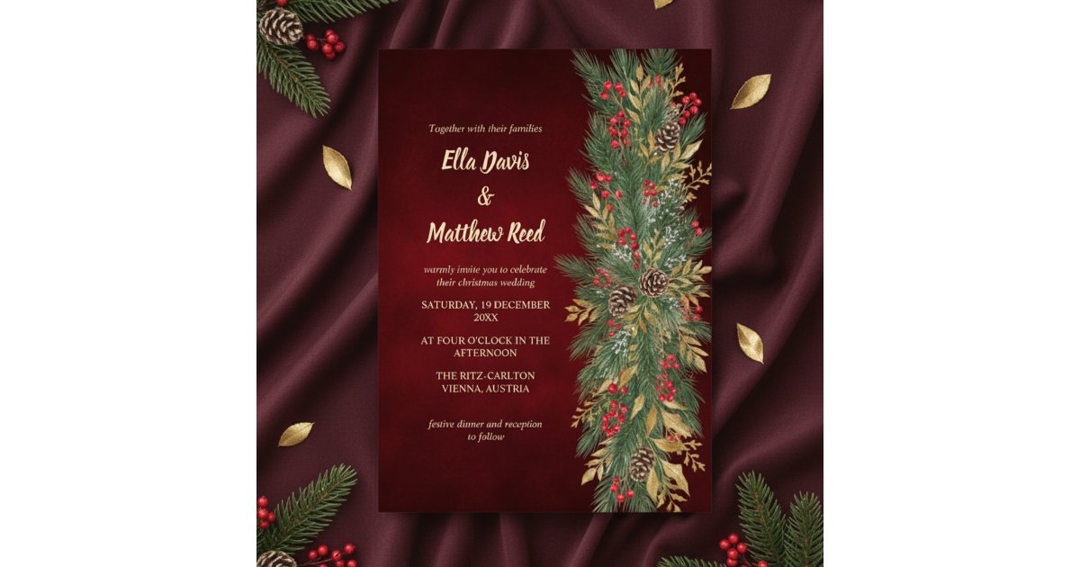 Red Velvet Christmas Botanical Winter Wedding Stationery cover photo collage