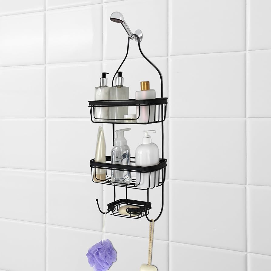 I Finally Found a Tension Shower Caddy Where Bottles Actually Stay Put cover photo collage