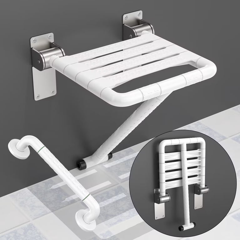 I Finally Found a Folding Shower Bench That Stays Flat Against the Wall cover photo collage