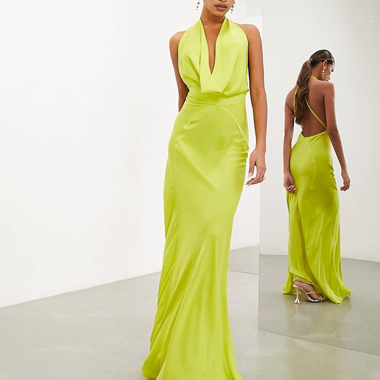 asos neon green dress ASOS DESIGN embellished sequin draped front mini dress with high neck and open back in neon green